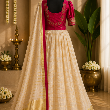 Kerala Half Saree Set – Ruby Pink