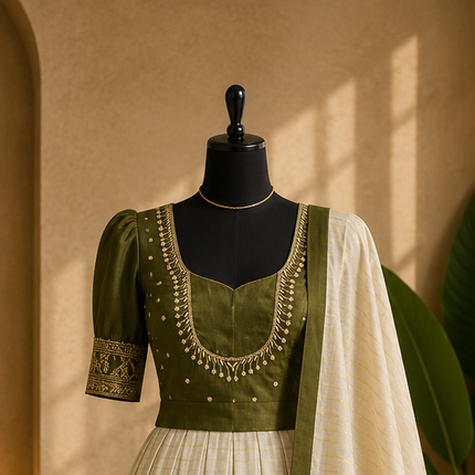 Kerala Half Saree Set – Olive Green