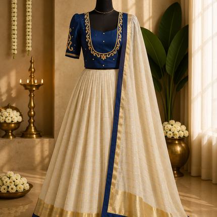 Kerala Half Saree Set – Royal Blue