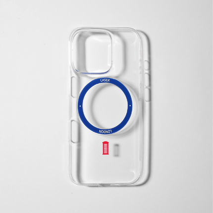 Slim Clear iPhone 16 Pro Case with Royal Blue MagSafe Ring - Telephone Box | The Iconic Slim