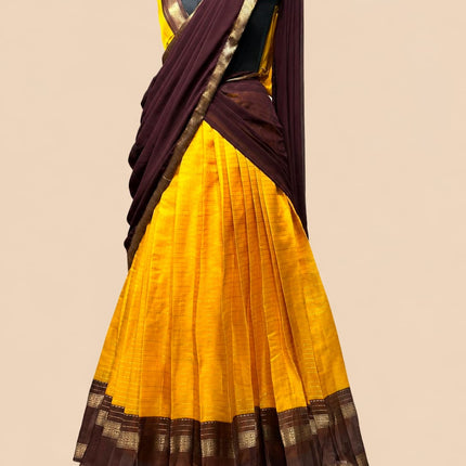 Pure Dola Silk Half Saree Lehenga in Mustard Yellow & Deep Maroon | Kerala Pavada Set with Zari Border Dupatta | South Indian Wedding Wear