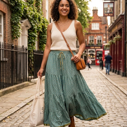 Blackfever Women's Sage Green Maxi Skirt - 100% Cotton with Gold Print