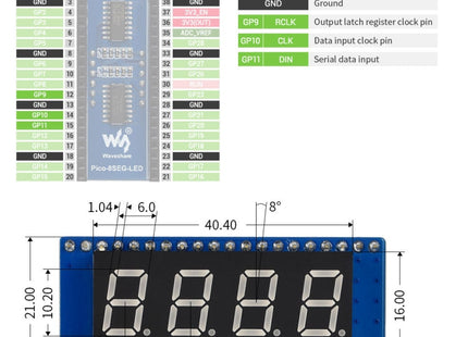 WAVESHARE 4-digit 8-segment Display Module for Raspberry Pi Pico, SPI-compatible, 19806