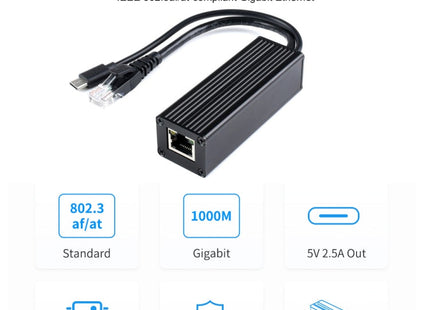 Waveshare Metal Case Gigabit PoE Splitter, 5V 2.5A Type-C Out