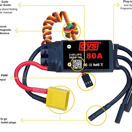 DYS 80A 2-6S Brushless ESC With 5V/6A BEC For RC fixed-wing Aircraft