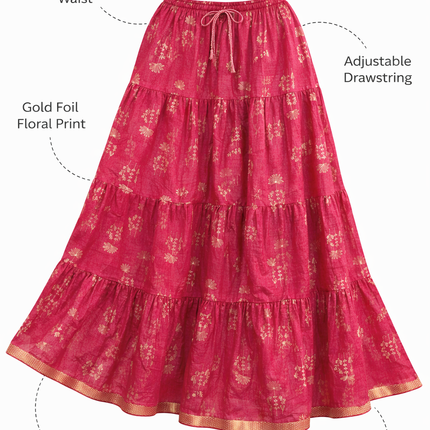 Blackfever Elegant Pink Printed Tiered Skirt – Free Size