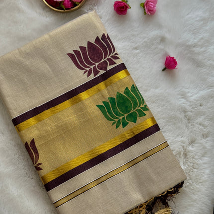 Premium Kerala Kasavu Saree – Off-White with Dual Lotus Motifs & Gold Border