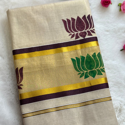 Premium Kerala Kasavu Saree – Off-White with Dual Lotus Motifs & Gold Border