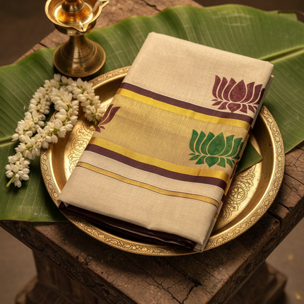 Premium Kerala Kasavu Saree – Off-White with Dual Lotus Motifs & Gold Border
