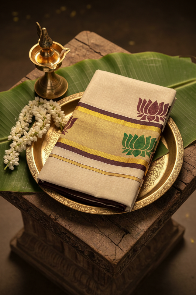 Premium Kerala Kasavu Saree – Off-White with Dual Lotus Motifs & Gold Border