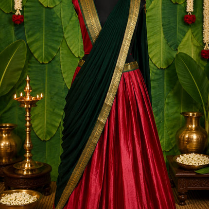 Kerala Half Saree Set for Women | Green & Red Traditional South Indian Half Saree | Ready to Wear Skirt Dupatta | Unstitched Blouse Piece