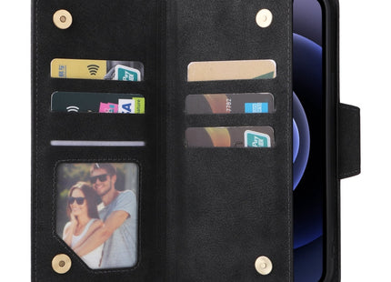 Rivet Buckle 9 Cards Three Fold Leather Phone Case, For iPhone 12, For iPhone 12 mini, For iPhone 12 Pro Max, For iPhone 13 mini