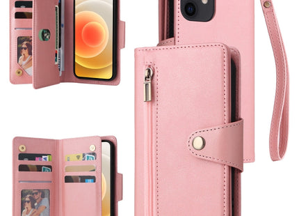 Rivet Buckle 9 Cards Three Fold Leather Phone Case, For iPhone 12, For iPhone 12 mini, For iPhone 12 Pro Max, For iPhone 13 mini