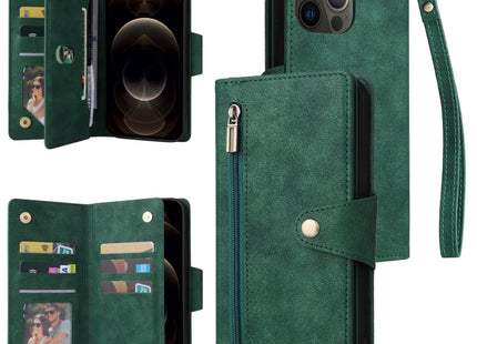 Rivet Buckle 9 Cards Three Fold Leather Phone Case, For iPhone 12, For iPhone 12 mini, For iPhone 12 Pro Max, For iPhone 13 mini