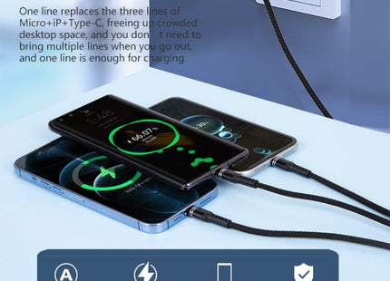 6A 66W 3 in 1 USB to 8 Pin + Micro USB + USB-C / Type-CFast Charging Braided Data Cable, USB to 8 Pin+Micro USB+Type-C
