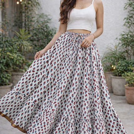 Blackfever White Floral Printed Tiered Cotton Maxi Skirt – Boho Free Size with Gold Border – Free Size