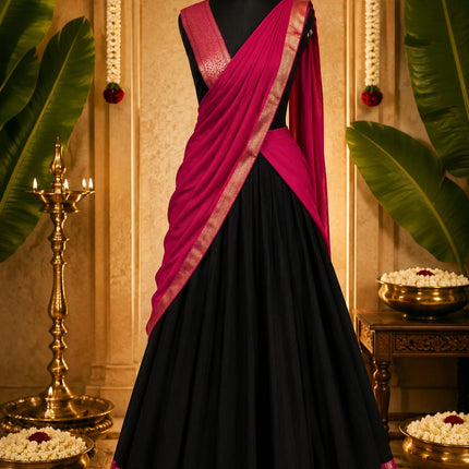 Lahariya London Black & Deep Pink Kerala Half Saree Set | Semi Silk South Indian Traditional Outfit | Ready-to-Wear Skirt with Dupatta