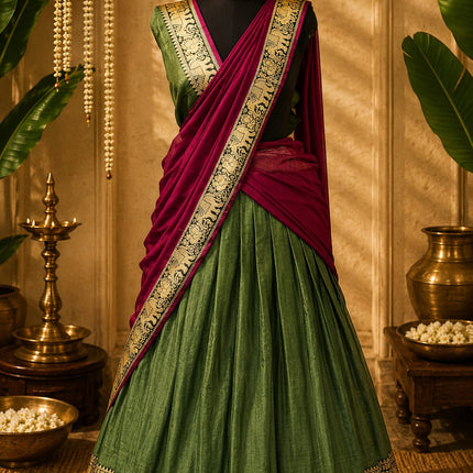 Olive Green Silk Half Saree Lehenga Set | Crimson Dupatta | Gold Zari Elephant Border | Unstitched Blouse | One Size