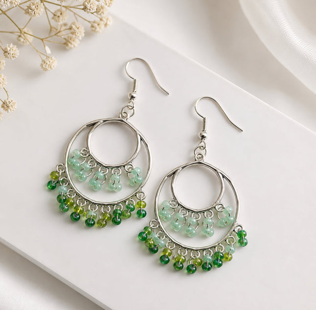 Emerald Mist Beaded Hoop Earrings