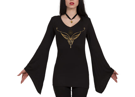 LOTR - ELVEN NECKLACE - V Neck Goth Sleeve Top Black