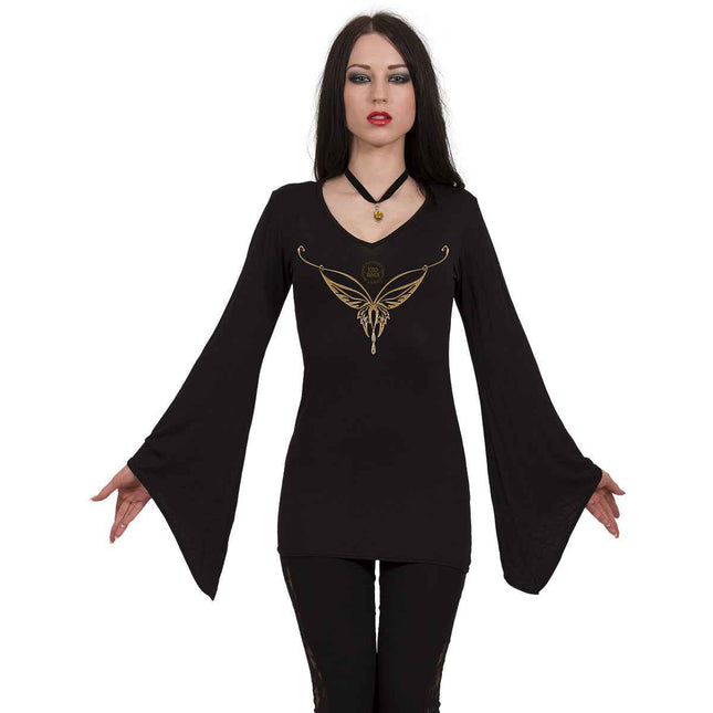 LOTR - ELVEN NECKLACE - V Neck Goth Sleeve Top Black