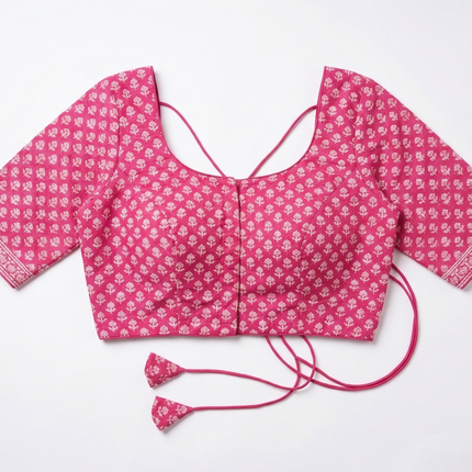 Beautiful Pink Hand Block-Print Indian Saree Blouse | UK Delivery