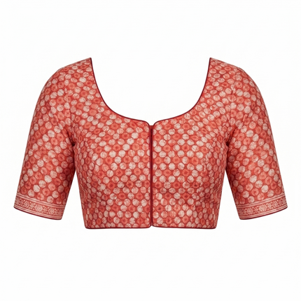 Elegant Red Hand-Block Saree Blouse with Tiered Tassels