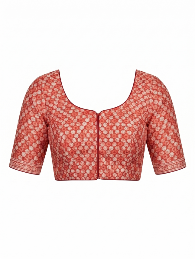 Elegant Red Hand-Block Saree Blouse with Tiered Tassels