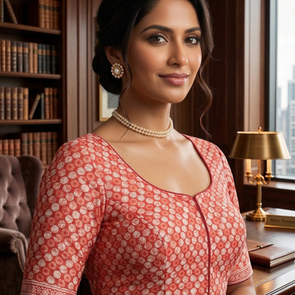 Elegant Red Hand-Block Saree Blouse with Tiered Tassels