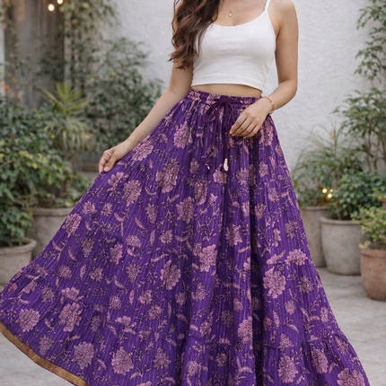 Blackfever Royal Purple Floral Tiered Cotton Skirt - Free size