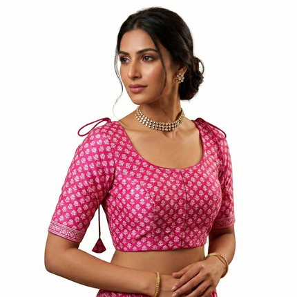 Beautiful Pink Hand Block-Print Indian Saree Blouse | UK Delivery