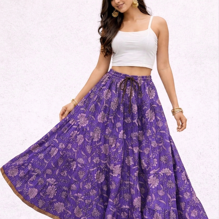 Blackfever Royal Purple Floral Tiered Cotton Skirt - Free size