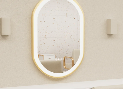 Luxury Oval LED Illuminated Bathroom Mirror Gold Frame Demister Touch Control