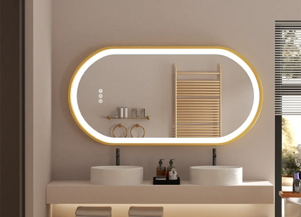 Luxury Oval LED Illuminated Bathroom Mirror Gold Frame Demister Touch Control