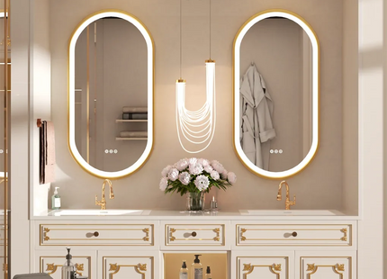 Luxury Oval LED Illuminated Bathroom Mirror Gold Frame Demister Touch Control