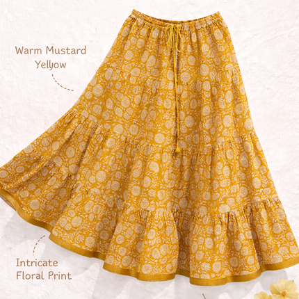 Blackfever Mustard Yellow Floral Tiered Cotton Maxi Skirt – Free Size
