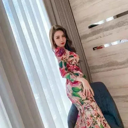 Spring Women's Retro Mid-Length Dress - Long Sleeve, Printed, Tight & Casual