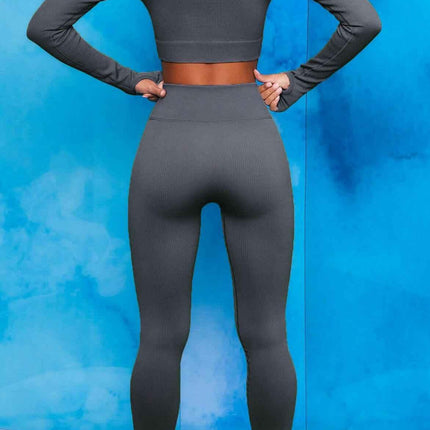 Front Zip Long Sleeve Crop Top Seamless Ribbed Texture Full Length High Waist Workout Fitness Legging workout clothes set