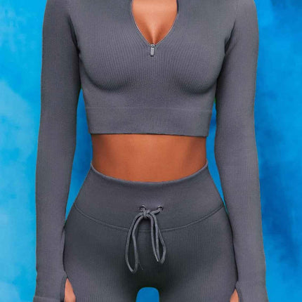Front Zip Long Sleeve Crop Top Seamless Ribbed Texture Full Length High Waist Workout Fitness Legging workout clothes set