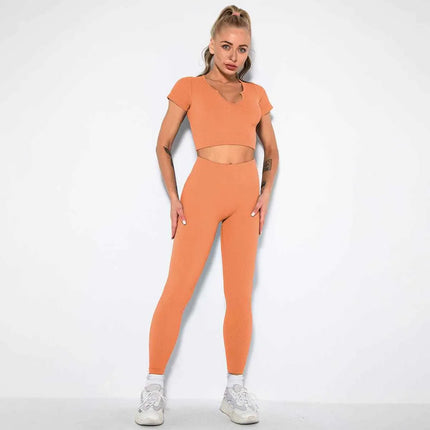Seamless Sexy 2 Piece Active Wear Set - Women's U V Neck Gym Leggings & Top for Yoga & Fitness