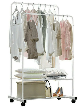 1.5m Large Clothes Rack Double Rail Rolling Stand Shoes Rack Storage Shelf White