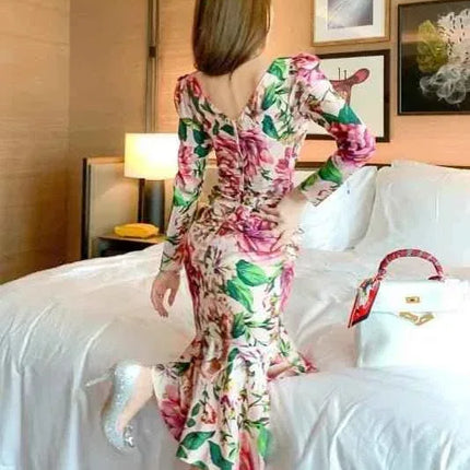 Spring Women's Retro Mid-Length Dress - Long Sleeve, Printed, Tight & Casual