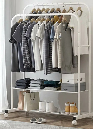1.5m Large Clothes Rack Double Rail Rolling Stand Shoes Rack Storage Shelf White