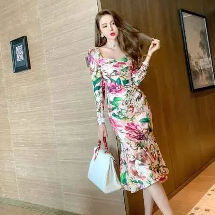 Spring Women's Retro Mid-Length Dress - Long Sleeve, Printed, Tight & Casual