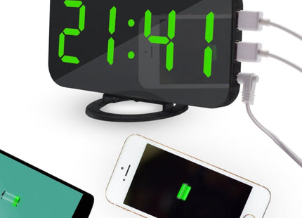 Multifunction Creative Mirror Reflective LED Display Alarm Clock with Snooze Function & 2 USB Charge Port