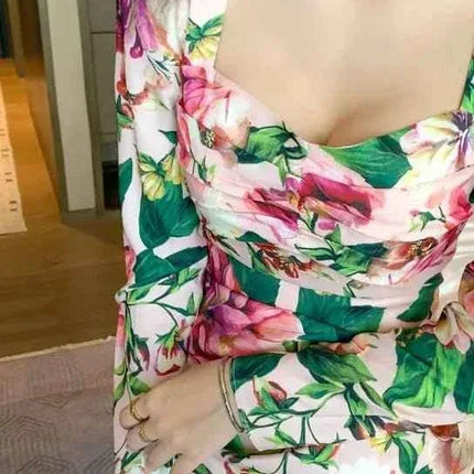 Spring Women's Retro Mid-Length Dress - Long Sleeve, Printed, Tight & Casual
