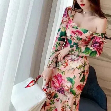 Spring Women's Retro Mid-Length Dress - Long Sleeve, Printed, Tight & Casual
