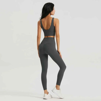 Gym Outfit High Waist Yoga Leggings for Women with Phone Pockets & U Back Sports Bra Set
