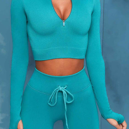 Front Zip Long Sleeve Crop Top Seamless Ribbed Texture Full Length High Waist Workout Fitness Legging workout clothes set