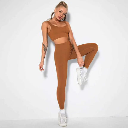 Seamless Sexy 2 Piece Active Wear Set - Women's U V Neck Gym Leggings & Top for Yoga & Fitness